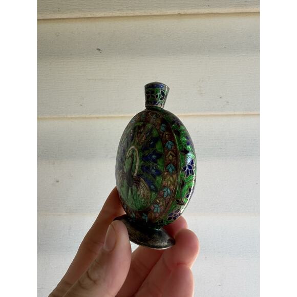 VINTAGE PAINTED ENAMELED INDIAN CLOISONNÉ PERFUME BOTTLE DAUBER 925 Ster SILVER - Picture 2 of 13